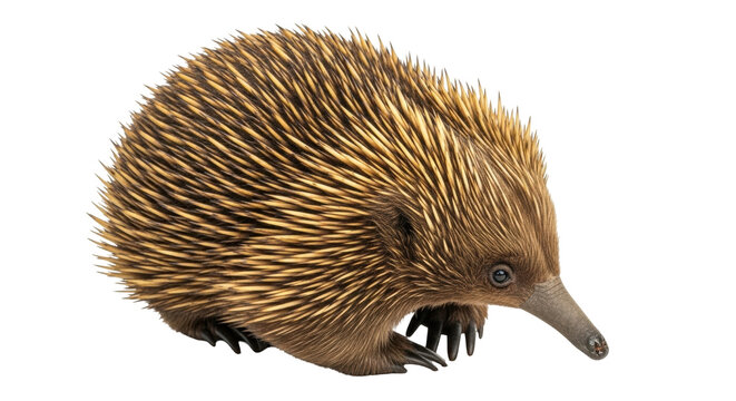 Isolated short-beaked echidna looking forward, adorable animal, mammal, monotreme species