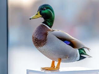 Obraz premium Mallard duck portrait, iridescent green head, yellow bill, soft blurred background