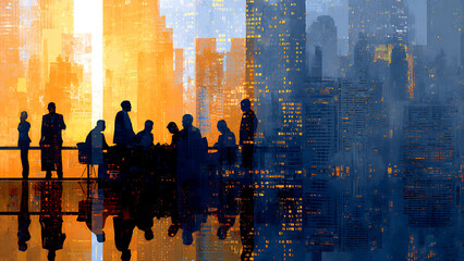 Corporate Silhouettes Reflecting on a Stylized Cityscape Transitioning from Day to Night.