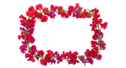 Isolated floral frame with sweet pea flowers, spring border with vibrant pink and red blooms