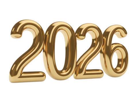 Shiny golden metallic 3d numbers spelling out the year 2026 isolated on transparent background