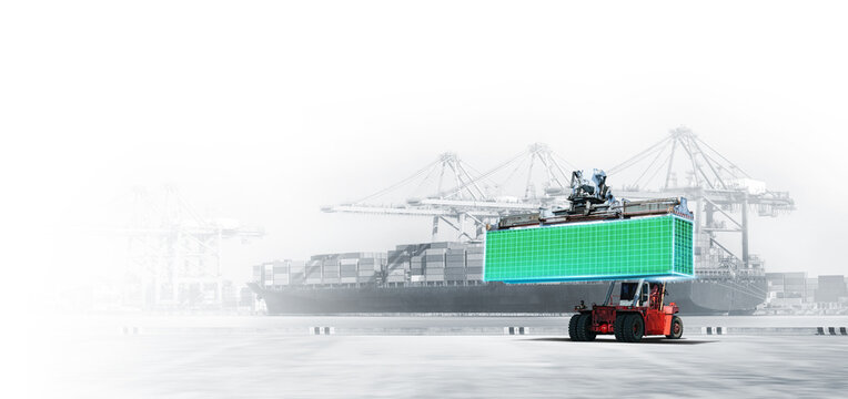 Container Stacker or Forklift performs automated cargo handling, highlighting smart digital logistics and the future of transport and global trade efficiency.