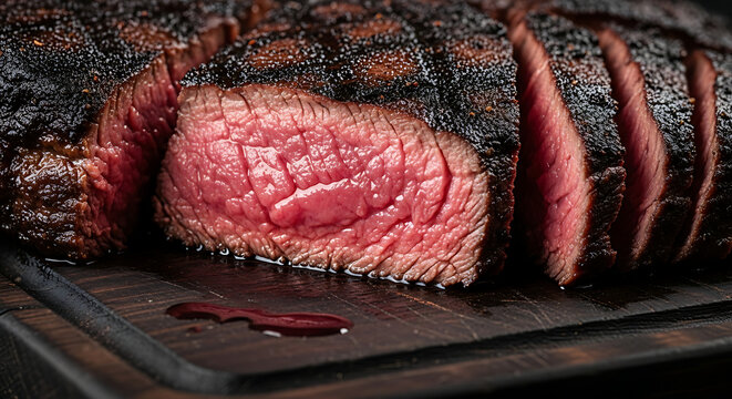 A perfectly cooked medium-rare steak, sliced and ready to serve on a wooden cutting board.