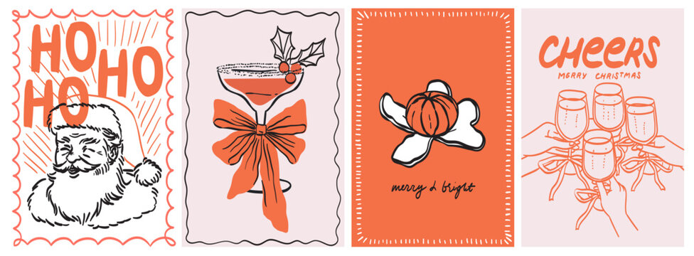 Christmas greeting card Set. Elegant Xmas design in trendy retro whimsical hand drawn doodle style with bow and ribbons, frames, Santa, tangerine and cocktails. New year cheers banner, poster, covers.