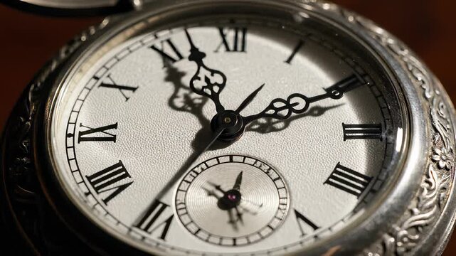 Antique silver pocket watch with Roman numerals on its face is intricately captured in this close up 4K UHD footage, perfectly conveying classic elegance and nostalgia, evoking feelings of.