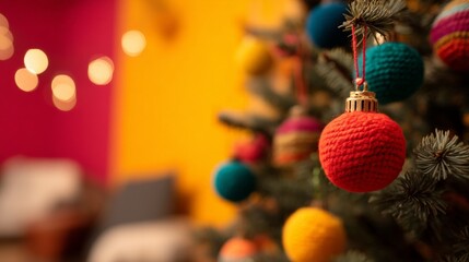 Multicultural Christmas Celebration and Festive Unity, Colorful Christmas ornaments hang on a tree with a festive background.
