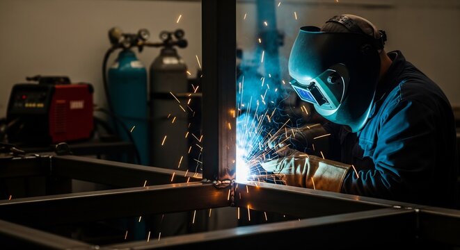 Professional welder working on metal structure creating bright sparks and blue arc in a dark workshop
