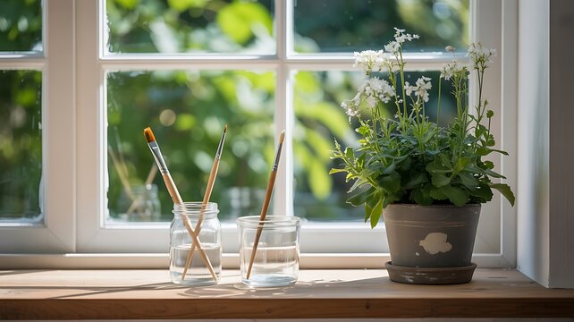 Artistic Workspace Featuring Paintbrushes Plants and Natural Light by the Window
