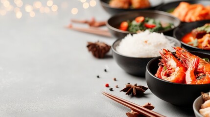 Multicultural Christmas Celebration and Festive Unity, A spread of Asian dishes featuring rice, seafood, and vibrant vegetables in dark bowls.