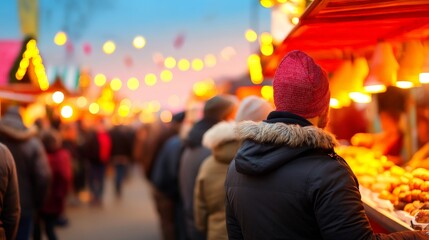 Multicultural Christmas Celebration and Festive Unity, A busy market scene at dusk, filled with warm lights and people enjoying the atmosphere.