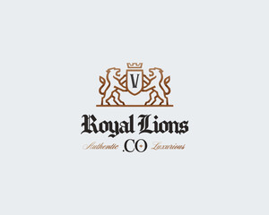 Royal Crest Heraldic Lions Logo Template 