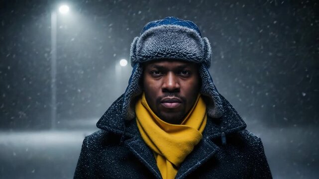 Cinematic portrait of a man in a snowstorm at night. Serious person in a winter coat and hat looking at the camera during a snowfall. Cold weather and resilience concept