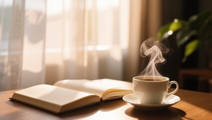 Warm Cup of Coffee Beside Open Book in Soft Morning Light