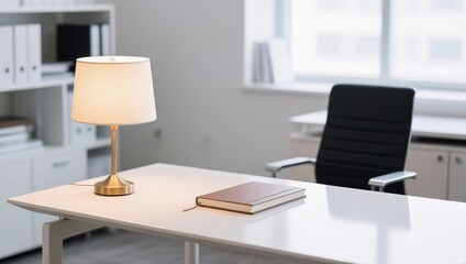 Modern Office Workspace with Lamp, Desk, Book, and Chair