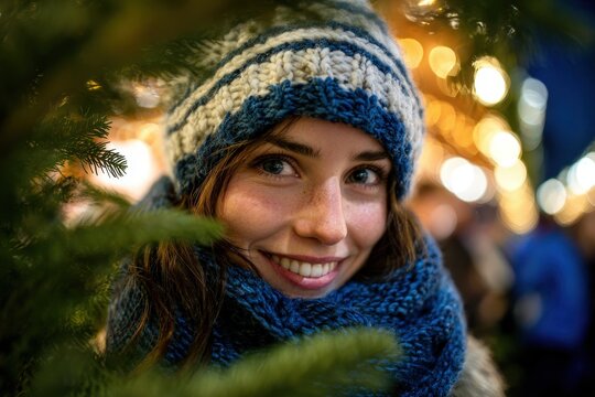 Young woman wearing knitted winter accessories smiles warmly through evergreen branches at an outdoor evening event