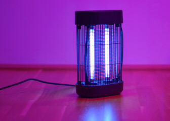Electric insect killer lamp glowing in purple light