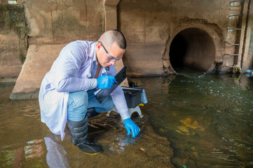 Scientist Taking Environmental Water Sample with flask glass Near Drainage Tunnel