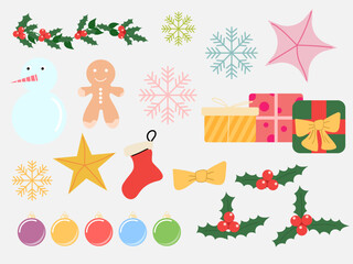 Christmas ornament vector illustration set. Collection of Christmas. Design for sticker, card, poster, invitation, greeting.