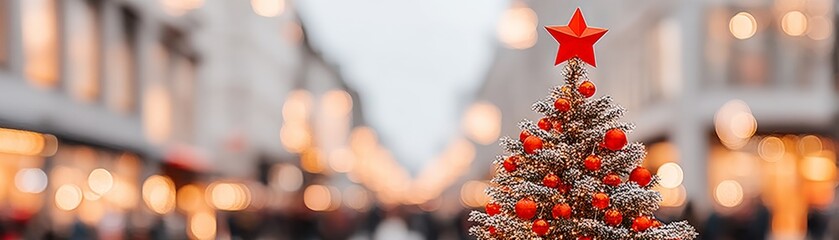 Multicultural Christmas Celebration and Festive Unity, Christmas tree adorned with decorations, set against a blurred festive street background.