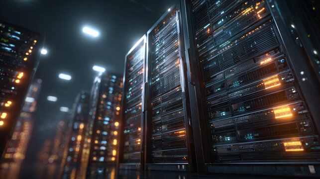 A data center with servers and lights - Powered by Adobe