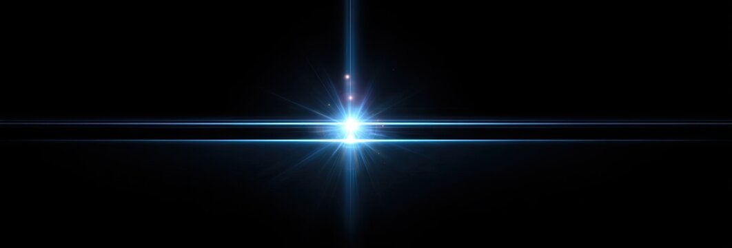 Bright, center blue starburst with horizontal and vertical light rays on black