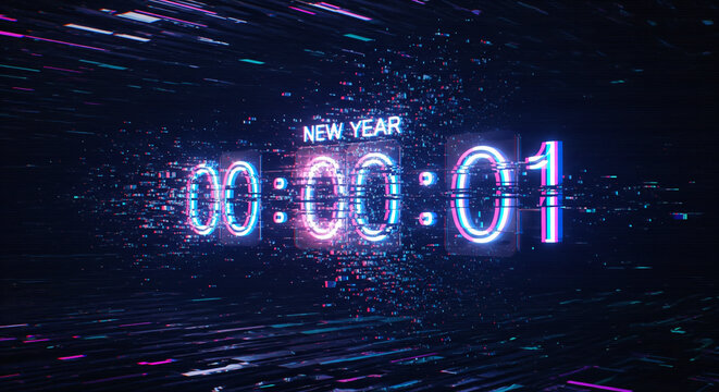 Glitched Time Stream: An Abstract Vaporwave Background with Glitching Horizontal Lines and a Distorted NYE Countdown Display