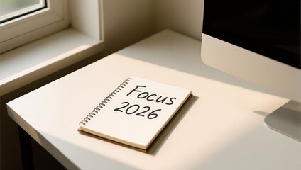 Focused Notebook on Desk with Computer for Future Planning Ideas
