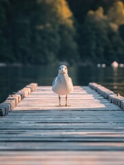 Fototapeta premium Seagull stands on old wooden dock, serene water and forest backdrop