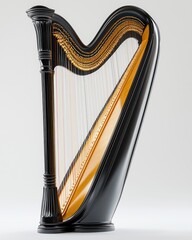 Obraz premium Sleek, black and gold concert harp with many strings, viewed in a studio setting