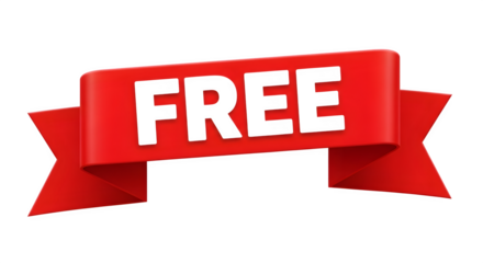 Bold red ribbon banner with the word free in black text isolated on transparent background