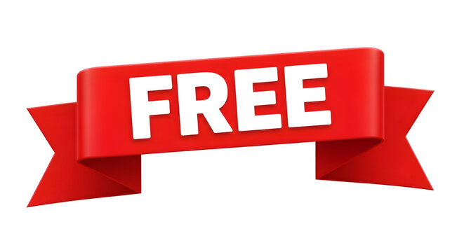 Bold red ribbon banner with the word free in black text isolated on transparent background