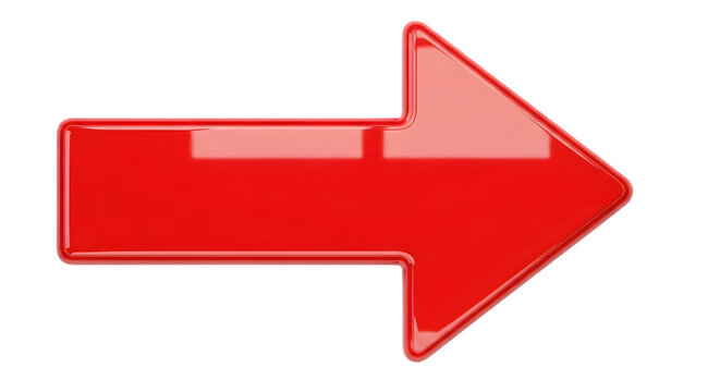 Glossy red right arrow symbol indicating direction and navigation isolated on transparent background