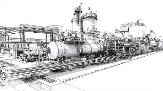 An industrial facility, captured in an artistic sketch, showcases complex infrastructure. The intricate design highlights the architecture of the production plant