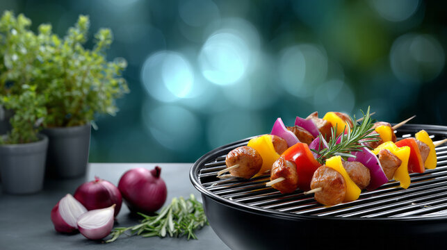 Preparing meat and vegetable skewers on a barbecue grill, adding flavor with fresh rosemary and sliced red onion