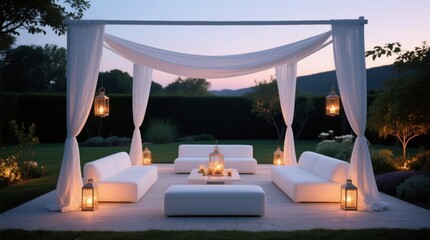 Elegant Outdoor Lounge Area with Soft Lighting and Cozy Atmosphere