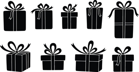 Black and white illustration of wrapped gifts with ribbons and bows