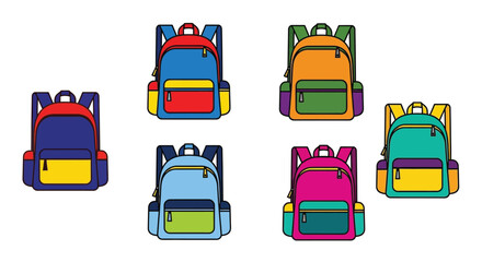 Colorful school backpacks in various designs arranged in a grid pattern