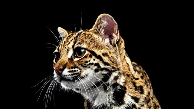 Close-up of an ocelots face, a small wild cat with a spotted coat, looking intently at the camera against a dark background.