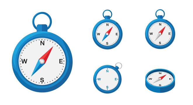 A collection of blue compasses displaying directional guidance and navigation