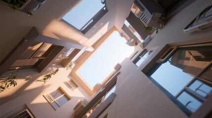 Looking Up Through Modern Apartment Courtyard with Clear Sky