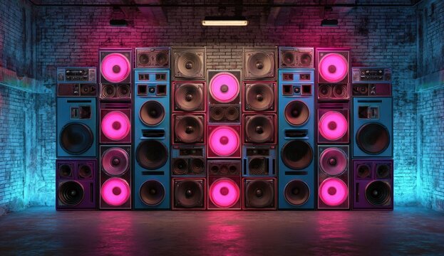 Stacks of speakers in brick room with pink and blue lighting