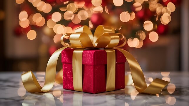 Festive red velvet gift box with golden ribbon and bokeh background