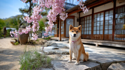 Shiba inu dog sitting in a traditional japanese garden with blooming cherry blossoms during spring