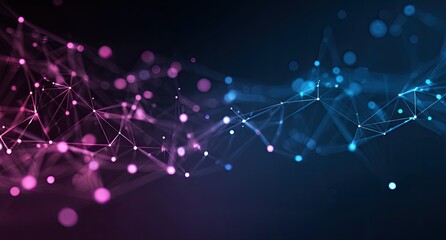 Abstract network of connected dots and lines, vibrant magenta and teal gradients