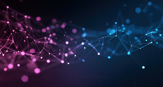 Abstract network of connected dots and lines, vibrant magenta and teal gradients