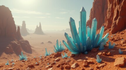 Majestic crystalline silicon-based lifeforms growing in a vast, alien desert
