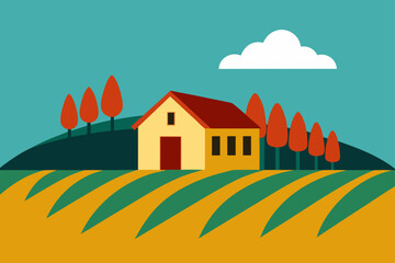 Fototapeta premium Stylized illustration of a farmhouse in a rural landscape with autumn trees