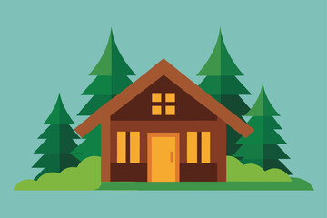 Cozy wooden cabin nestled amongst pine trees in a serene forest setting