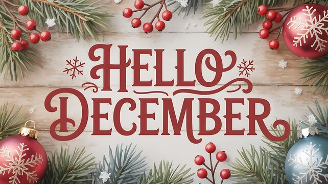 Hello December festive background with ornaments and pine branches arrangement - Powered by Adobe