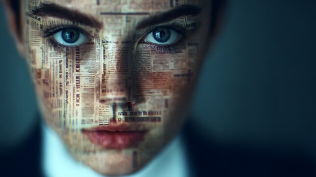 A striking portrait featuring a face overlaid with newspaper text, symbolizing the fusion of information and identity.